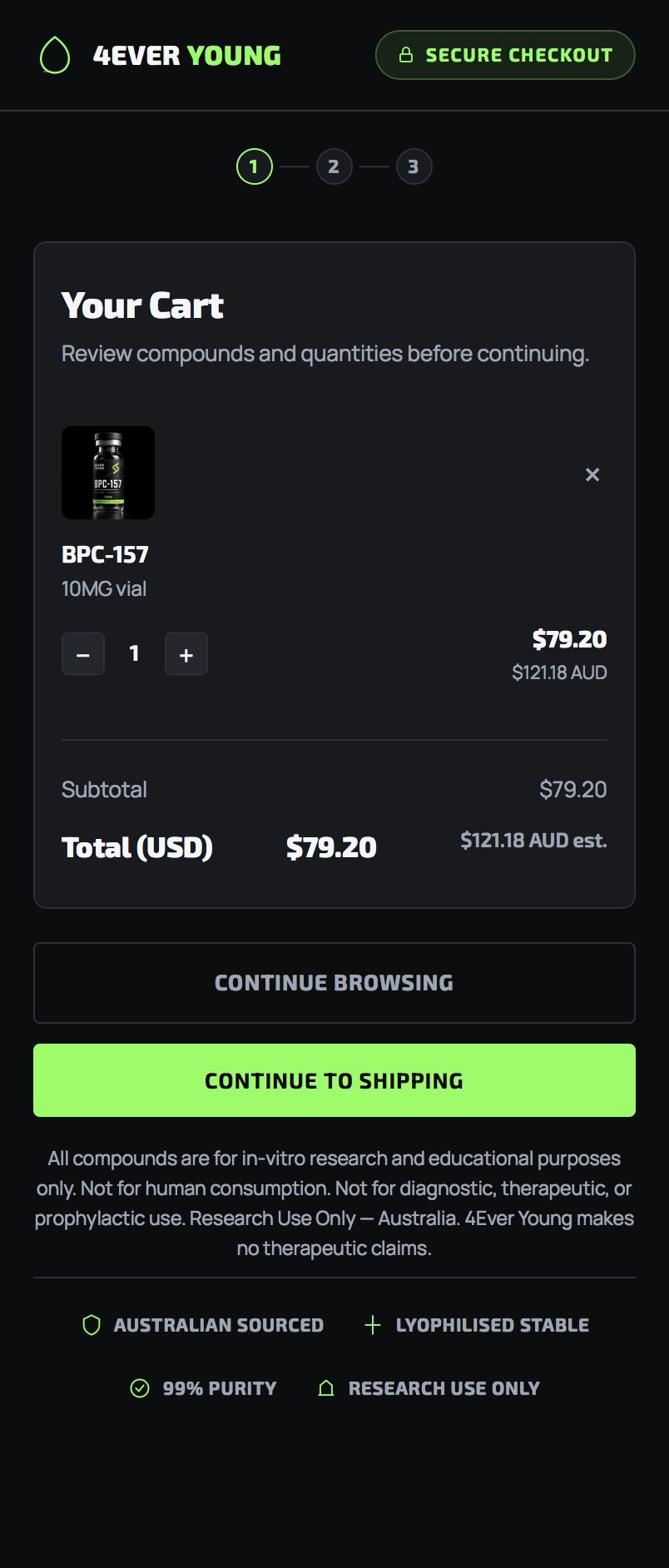 Cart page showing selected compounds